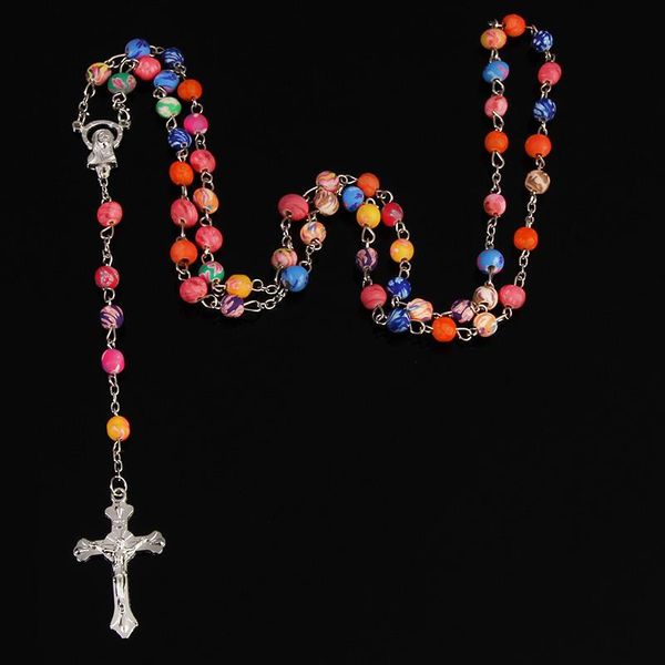 

pendant necklaces catholic 6mm polymer clay beads rosary cross necklace virgin mary center ornament christianity religion jewelry gift, Silver