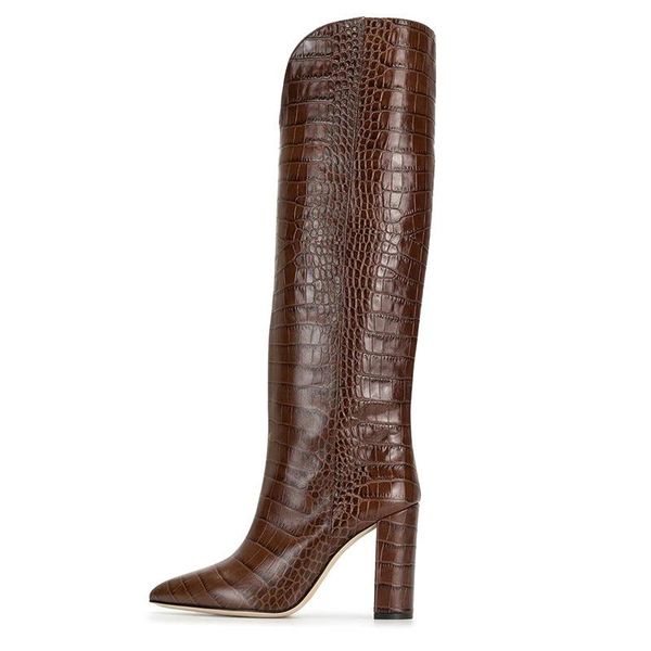 

boots 2021 spring long over the knee snakeskin genuine leather knee-high modern square heel mature brown shoes woman, Black