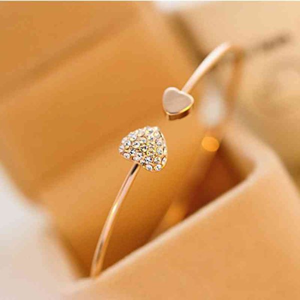 

new fashion adjustable crystal double heart bow bilezik cuff opening bracelet for women jewelry gift mujer pulseras 7g, Golden;silver
