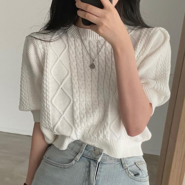 

women's blouses & shirts 2021 summer fashion all-match blouse female round neck puff sleeve rhombus pattern blusa short knit sweater kk, White