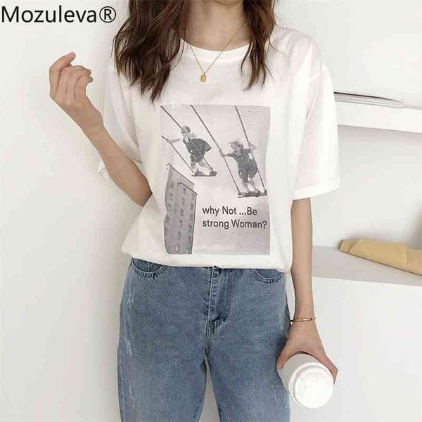 

summer cartoon print woman cotton t-shirt short sleeve o-neck fashion casual loose female basic shirt ladies tees 210416, White