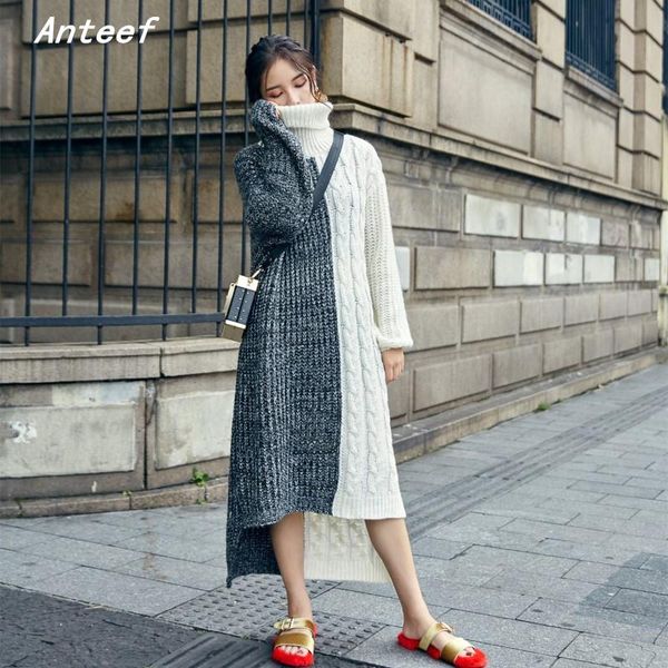 

casual dresses long sleeve plus size knitted vintage women causal loose autumn winter sweater dress elegant clothes 2021 ladies, Black;gray