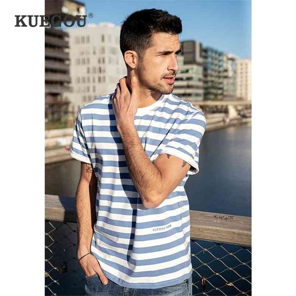 

kuegou cotton men's short sleeve t shirt striped fashion elastic stripe summer t-shirt letter embroidery plus size zt-90066 210409, White;black