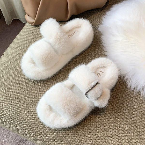 

slippers shoes womens outdoor winter footwear platform slides low pantofle fur flip flops fashion flat 2021 plush luxury soft wi, Black