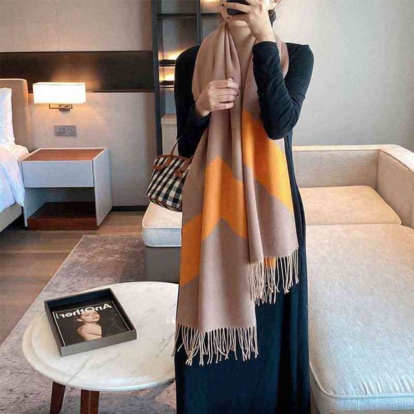 

design imitation cashmere scarf female autumn 2021 new decorative tassel shawl warm air conditioner thickened color matching jacquard bib, Blue;gray