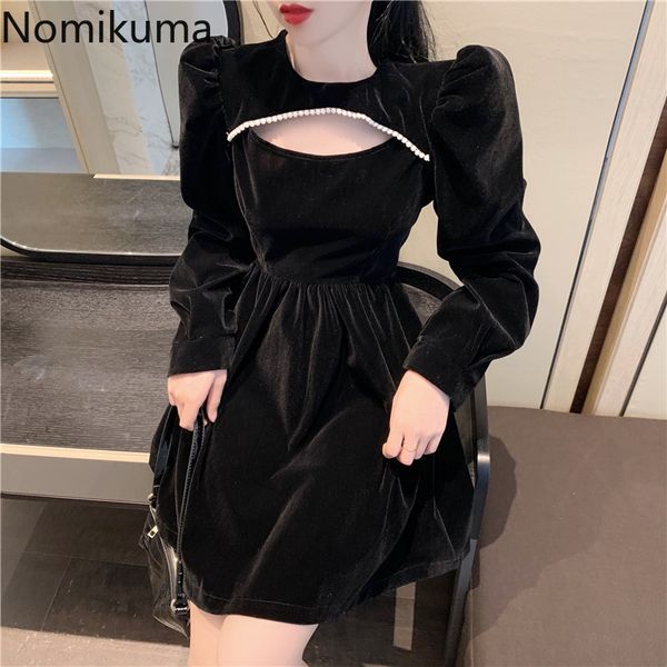 Nomikuma Autunno Abiti in velluto Coreano Hollow-out O-Collo Puff Manica lunga Abiti Slim Vita alta A-line Abito donna 6C661 210427