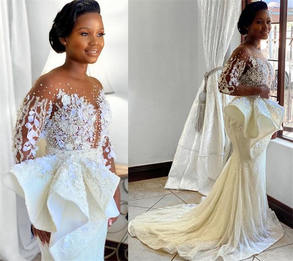 

2021 plus size arabic aso ebi luxurious vintage wedding gowns pearls lace sheer neck mermaid bridal dresses zj034, White
