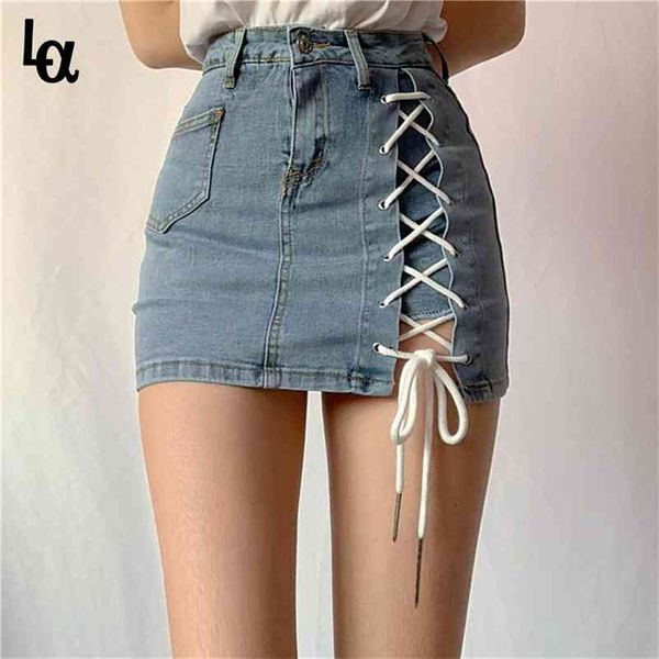 

summer denim high waist criss-cross bandage skirt shorts women fashion tight elastic short jeans womens clothing 210519, Black