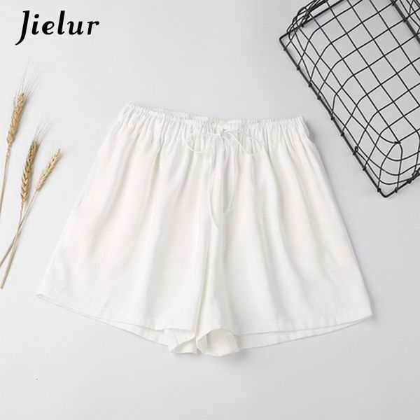 

jielur summer elastic high waist wide leg solid color casual loose cool short feminino korean drawstring women's shorts 210304, White;black