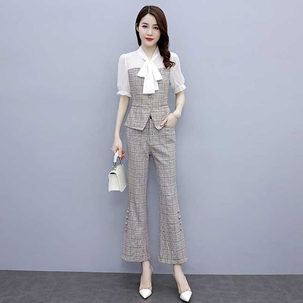 

summer women's fashion bow plaid printing stitching shirts+flared pants suits female plus size two-piece sets 210531, White