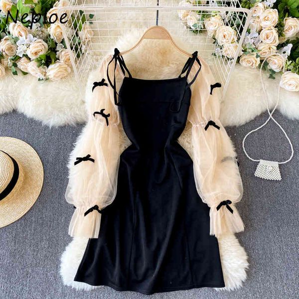 

neploe hit color patchwork mesh elegant dress women high waist hip slim a line vestidos spring new long sleeve robe wild 210423, Black;gray