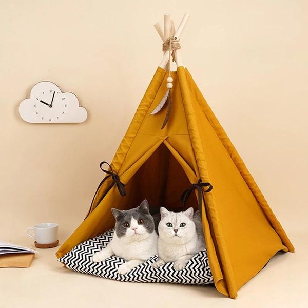 

cat beds & furniture pet tent for dogs puppy bed yellow canvas dog cute house teepee with cushion, 30 inch tall, pets up to 15lbs
