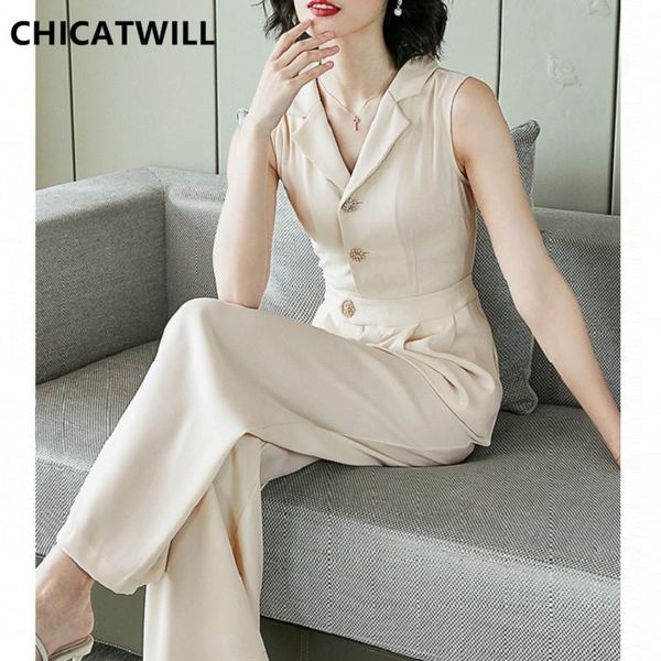 

women's jumpsuits & rompers chicatwill 2021 summer celebrity formal ol notched collar jumpsuit for women office lady sleeveless long pa, Black;white
