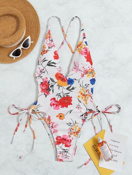 

floral drawstring one piece swimsuit n9o3#, White;black