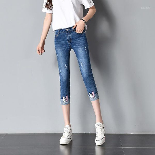 

skinny capris jeans woman summer 2021 blue denim knee length women's polka dot pants capri for women jean femme