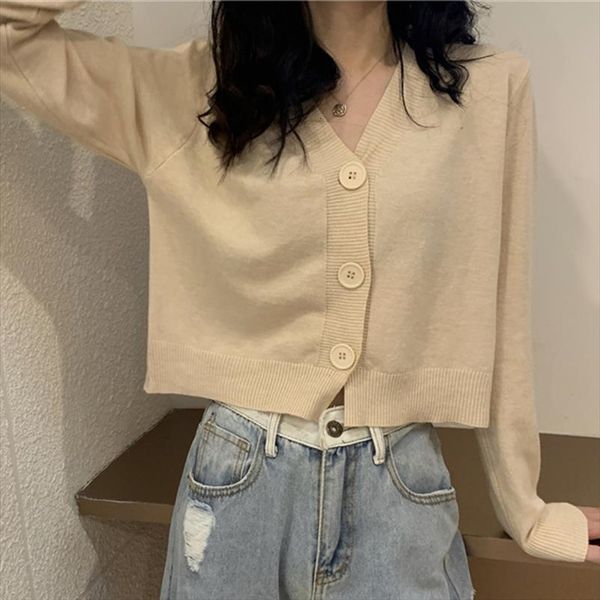 

cardigans for women cropped womens sweater knitted female pull solid v neck single breasted oversize 10 colours jacket, White;black