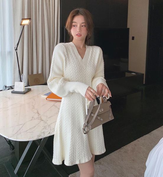 

casual dresses women's sweater dress elegant french knit pullover femme vestido fall winter fashion slim midi v-neck chic, Black;gray