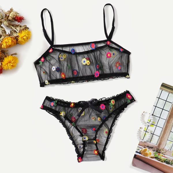 

bras sets embroidery floral lace lingerie women underwear set ladies perspective seamless bra thong intimates sensual, Red;black