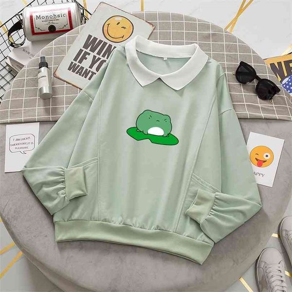 Kawaii Frog Felpa Oversize Harajuku Pullover Felpa con cappuccio con tasca Cotone Donna Kpop Abiti moda Estetica Felpe con cappuccio dolce 210803