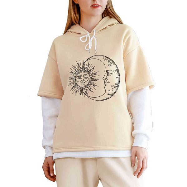 

women hoodie fashion stitching hoodies gothic loose streetweaer sun and moon printed harajuku retro color block sweatshirts polyester, Black