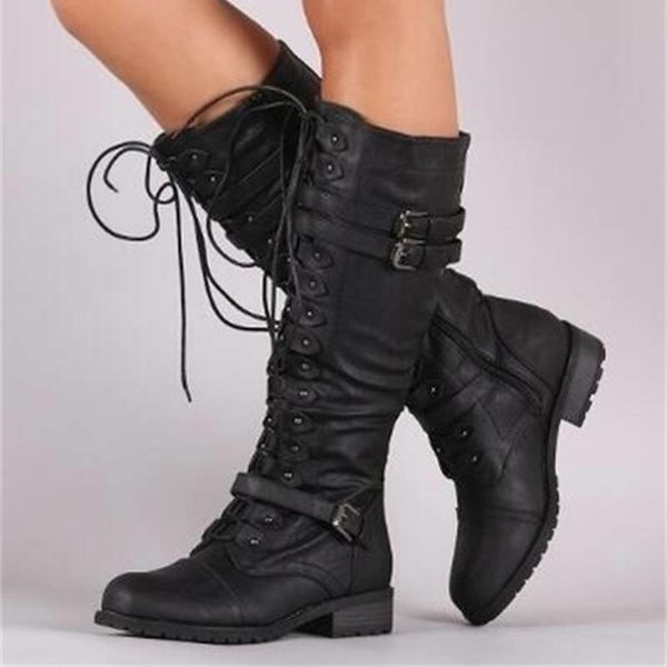 

boots women knee high autumn winter lace up flat shoes steampunk pu retro buckle ladies snow, Black