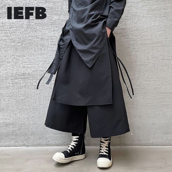 

iefb men's causal pants irregular personality bandage loose wide leg ankle length pants causal japanese style trousers 9y6697 210524, Black