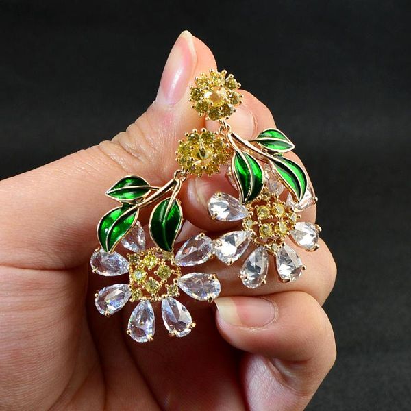 

dangle & chandelier cinkile sunflower drop earrings cubic zirconia cz engagement wedding party nightclub statment green leaf earring jewelry, Silver