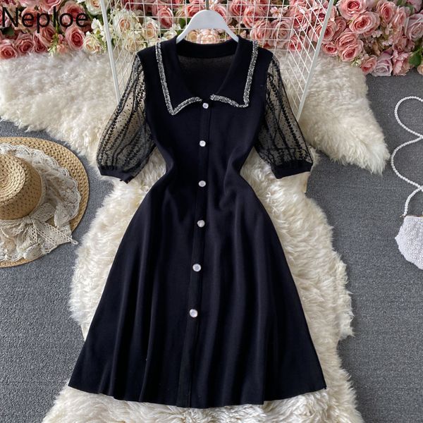 

neploe korean fashion knitted dress women summer short sleeve gauze patchwork turn down collar vestidos vintage elegant dresses 210422, Black;gray