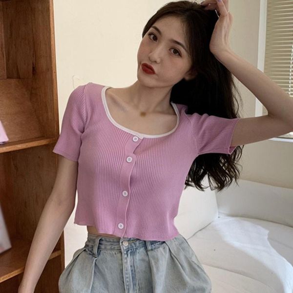 

women's t-shirt korean summer round neck button casual wild thin short-sleeved knitted cardigan for women, White
