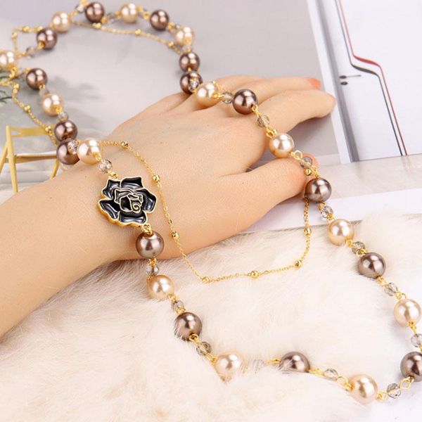 

chains fashion brand design long simulated pearl necklace for women camellia double layer pendant party jewelry, Silver