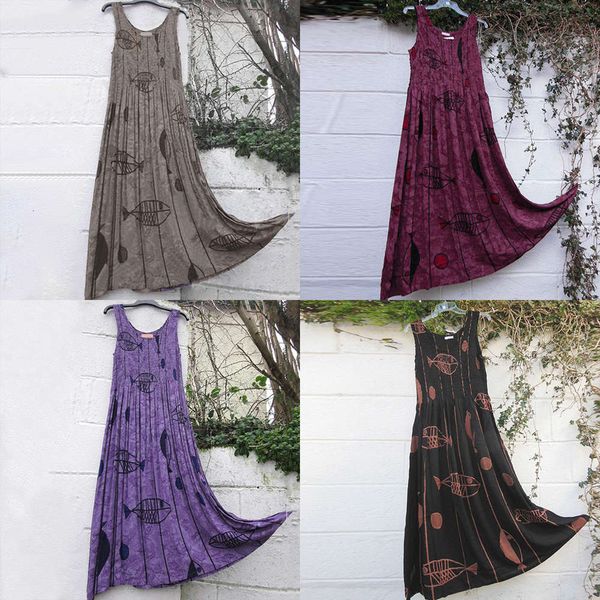 

women's round necked fish head printed vest dress, Black;gray