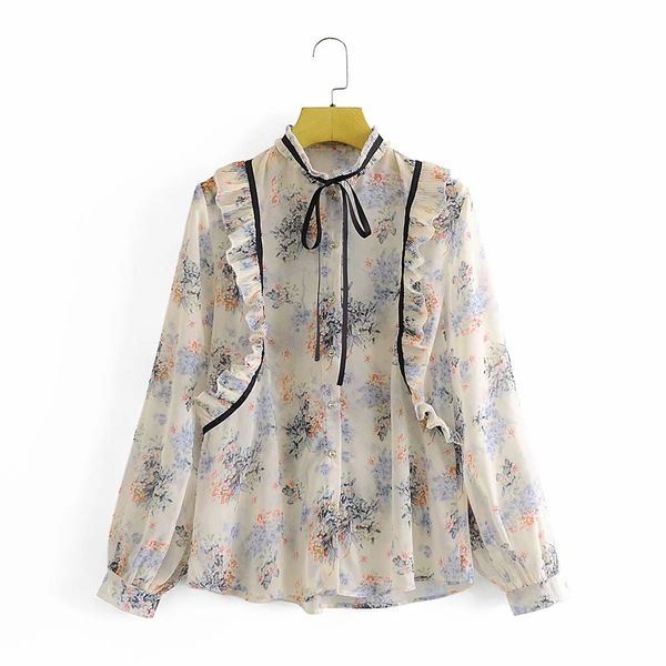 Sonbahar Moda Düğme Up Şifon Çiçek Baskı Gömlek Vintage Bluz Kadın Fırfır Dekorasyon Lady Uzun Kollu Kadın Gevşek Gömlek 210520