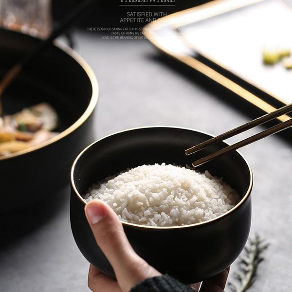

household japanese-style ceramic rice bowls, creative black tableware, personalized noodle soup simple bowls