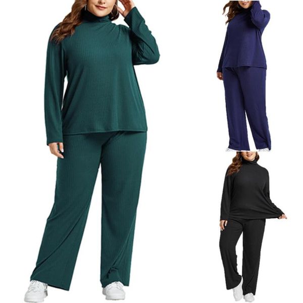 

plus size women athletic wear solid color casual turtleneck sweatshirt and straight pants sets loungewear breathable sport suit gym clothing, White;black
