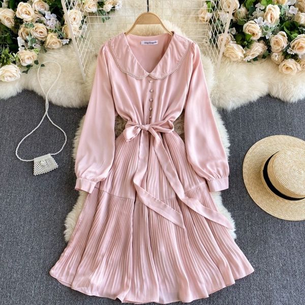 Elegante solide rosa Sommer tägliche Kleidung Vestidos Langarm V-Ausschnitt Dismonds elastische Taille Faltenkleid mit Gürtel 210416