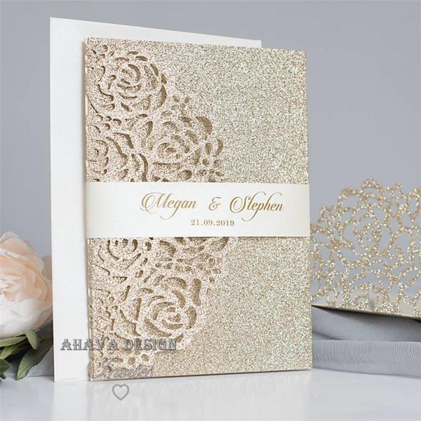 

greeting cards beautiful luxury glitter champagne laser cut wedding invitation, invitation with rsvp suite die