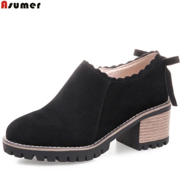 

dress shoes asumer black beige round toe zip spring autumn ladies square heel fashion women high heels flock big size 34-43