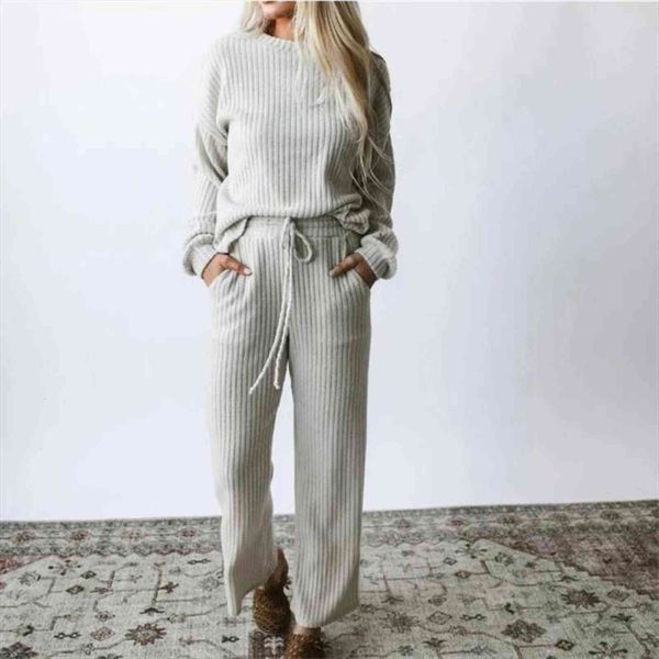 

casual 2 pieces solid ribbed womens pants knit home loungewear loose fall clothes set ladies long sleeve drawstring, White