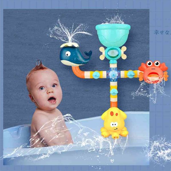 Baby Bath Brinquedos de sucção Jogo de água Girafa Caranguejo Modelo Faucet Spray Spray Sound Kit presentes 210712