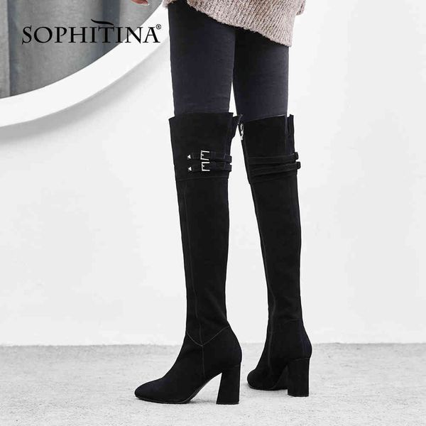 

sophitina over knee boots black suede heels pointed toe buckle fashion chunky comfort zipper womens shoes po738 210513