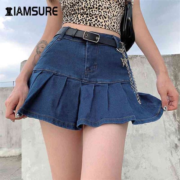 

iamsure preppy style casual zipper fly safety short denim skirt summer streetwear ruffles high waist mini jeans skirt for women 210401, Black