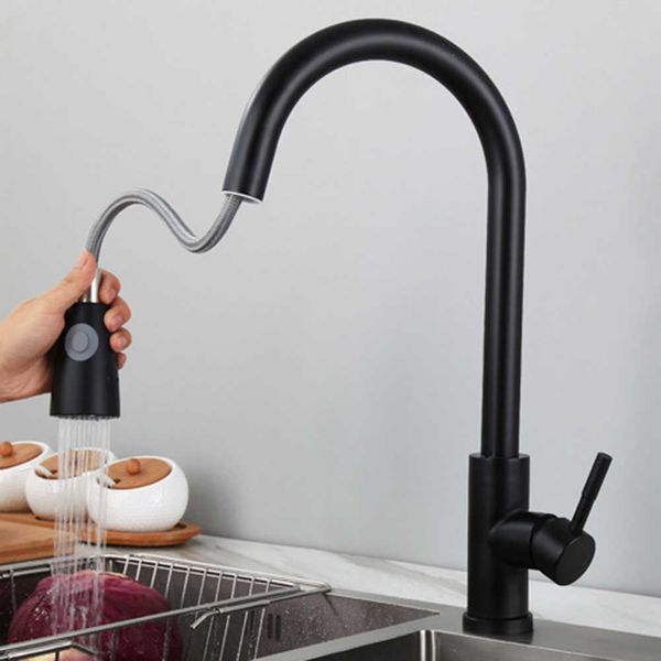 Faucet de cozinha rotativa de aço inoxidável escovado níquel Único buraco puxar para fora torneira bico cozinha banheiro pia água misturador taps 210719