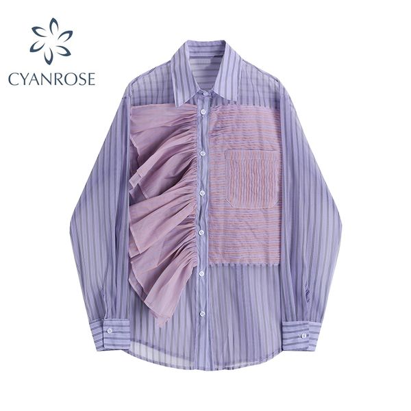 Camicia a righe viola Donna Patchwork Moda Casual Autunno Stile coreano Manica lunga Bottone allentato Camicette femminili Blusas Top 210417