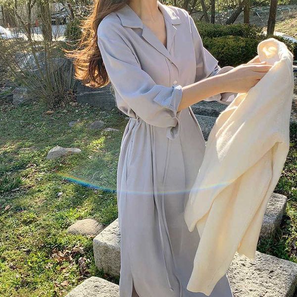 

spring gentle temperament slim waist long sleeve notched shirts dress belt mid lengh oversize fashion korean chic wild casual 210610, Black;gray