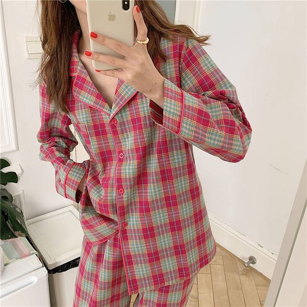

sleepwear autumn style pajamas casual loose long sleeve cotton fashion plaid home clothes ladies two piece suit, Black;red