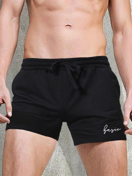 

men letter graphic drawstring athletic shorts w6lt#, Black
