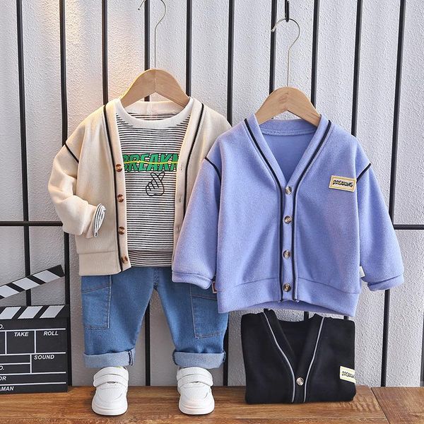 

clothing sets 0-5 years old autumn baby cotton stripe cartoon suit children's solid color cardigan jeans three piece boys' leisure, White