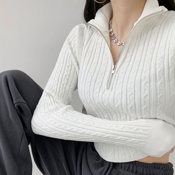 

women's sweaters fashion trend half high neck zippers long sleeve knitted twist sweater solid color slim short women pdu8 i0e, White;black
