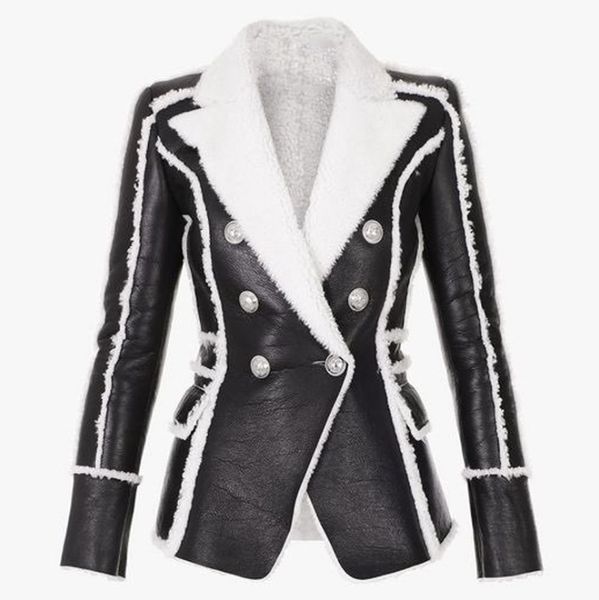 

women's suits & blazers premium style original design classic double-breasted blazer synthetic leather fur slim jacket metal buckles co, White;black