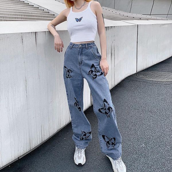 

summer autumn vintage jeans long womens shorts trousers cowboy loose streetwear butterfly print pants, White;black
